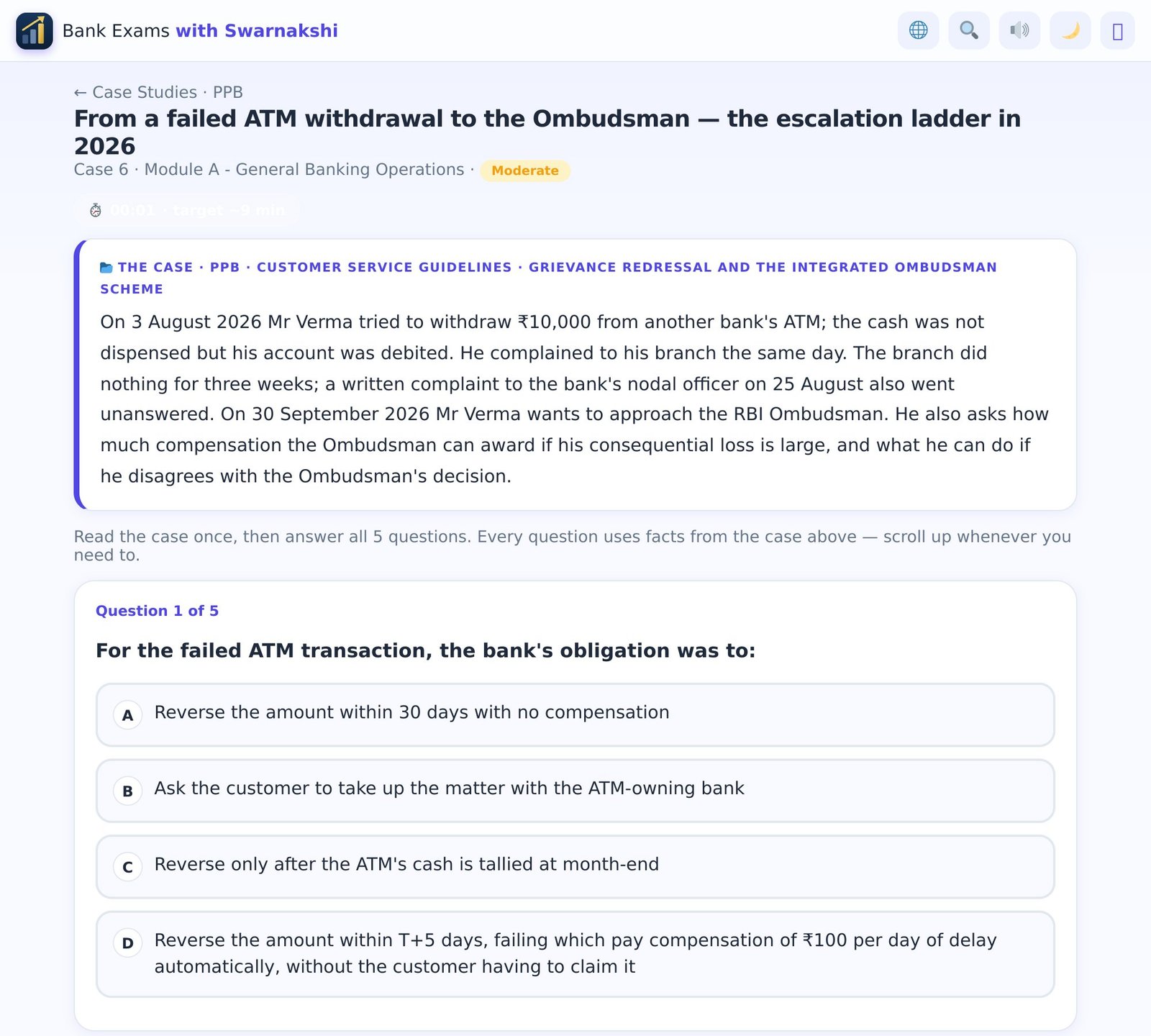 A case study open in the Mock Centre — scenario on top, questions below