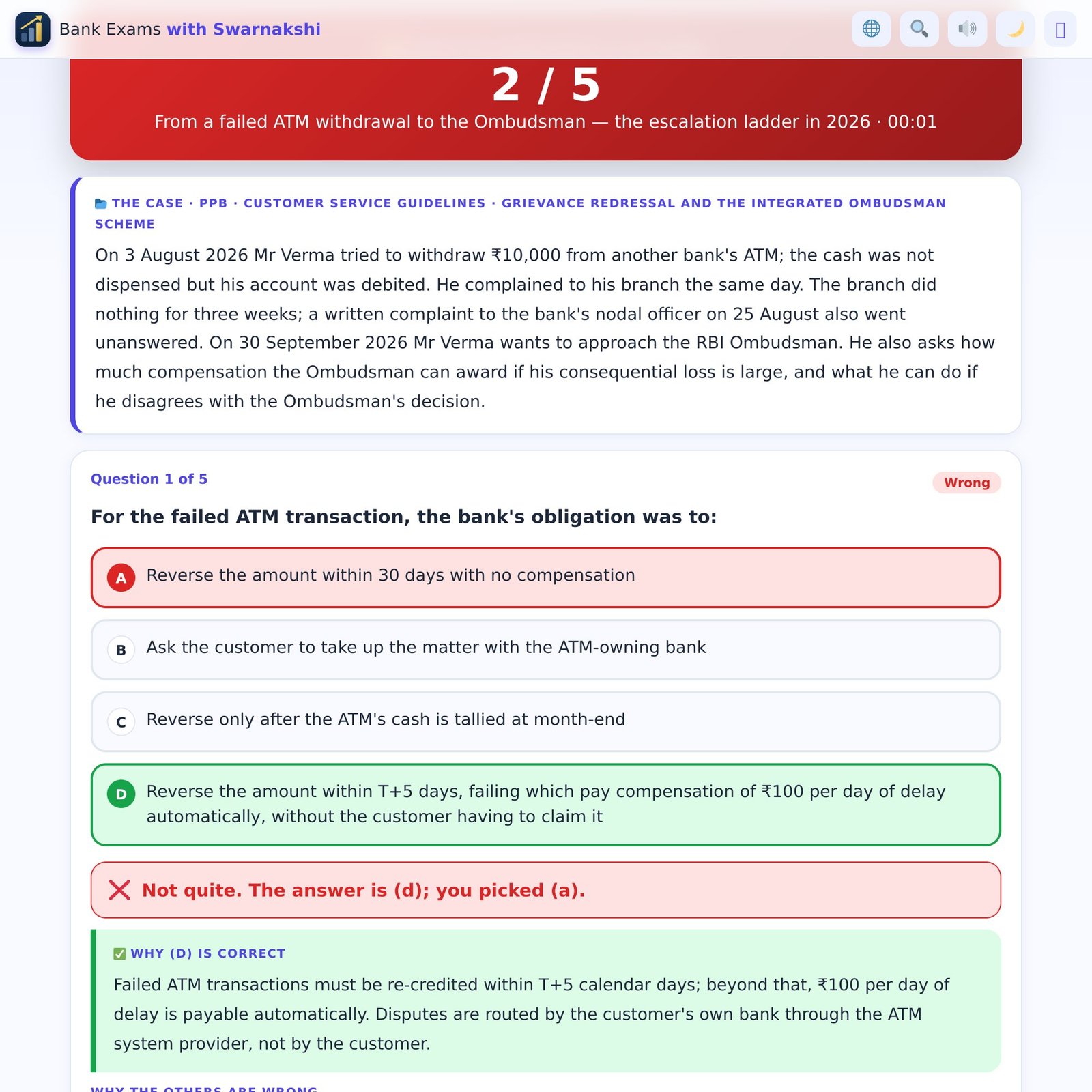 Case result with the correct option highlighted and the explanation