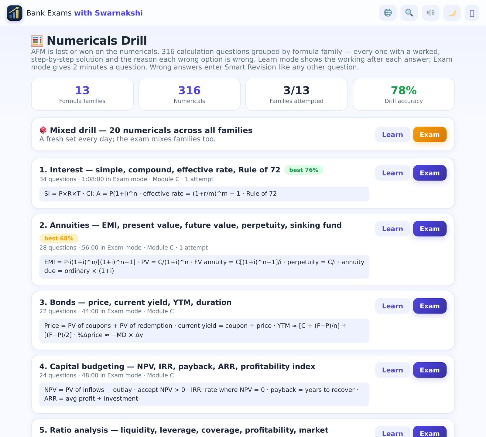 Numericals Drill hub in the Mock Centre showing 13 formula families with formulas and best scores