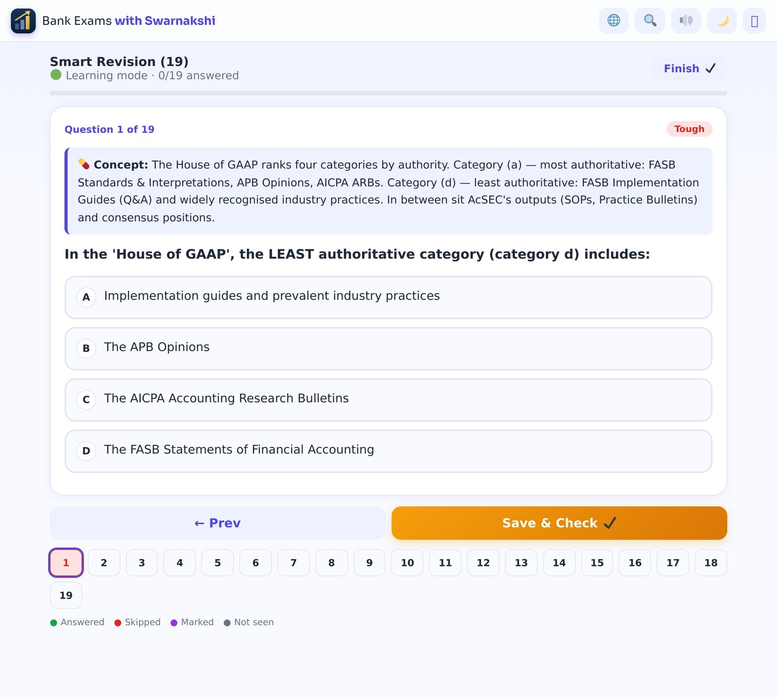 A revision session. The question is shown with its concept capsule at the top; the number palette at the bottom tracks your progress through today's due list.
