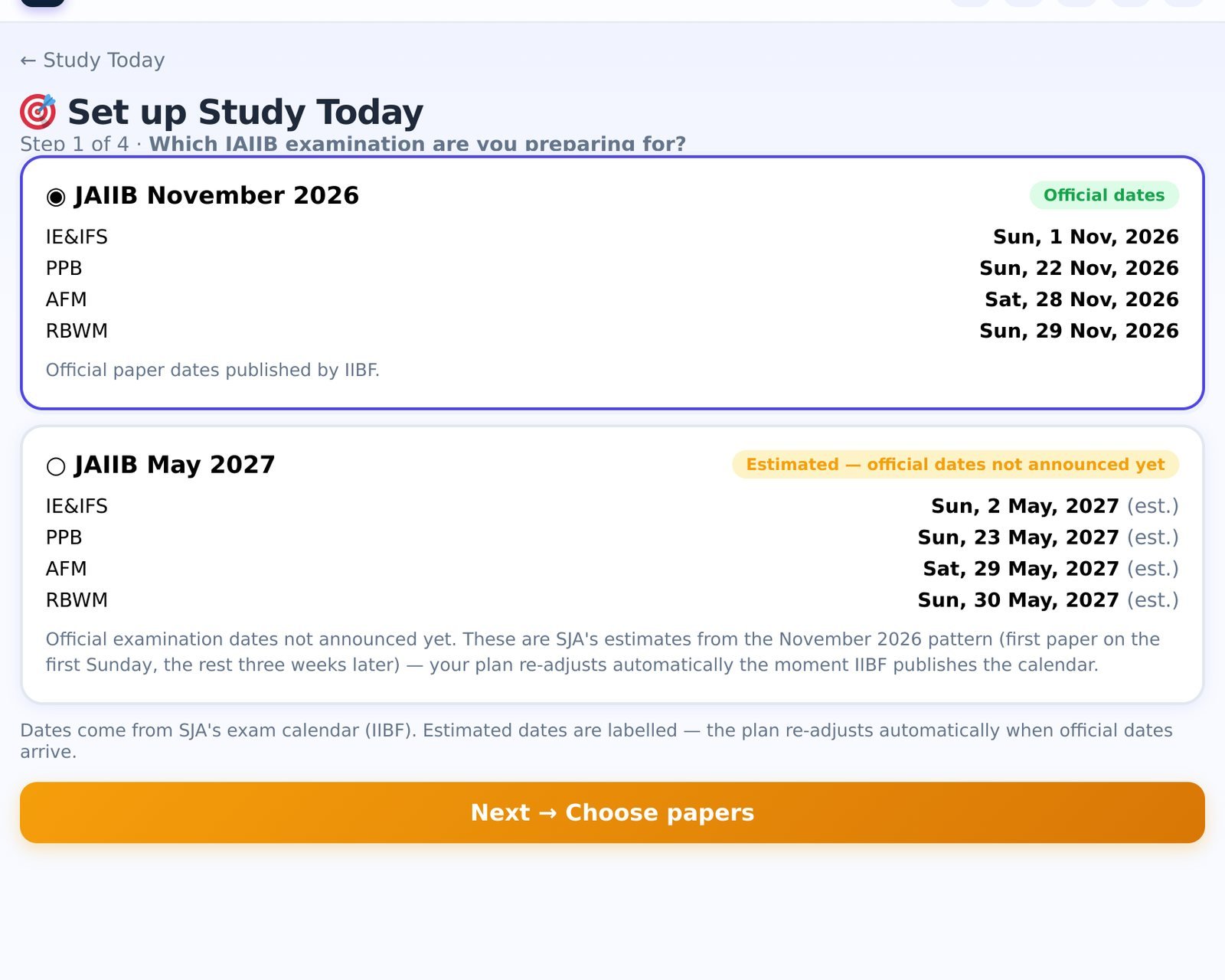 Step 1 of the setup: the exam cycles from SJA's calendar. Official dates are labelled; estimated ones say so.