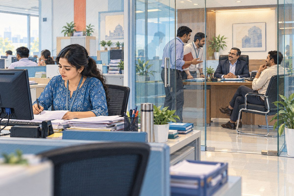 Editorial illustration contrasting quiet desk work with conspicuous conversation in a manager’s cabin.