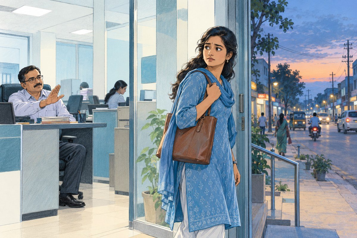 Editorial illustration of an employee hoping to leave an unfamiliar workplace as daylight fades.