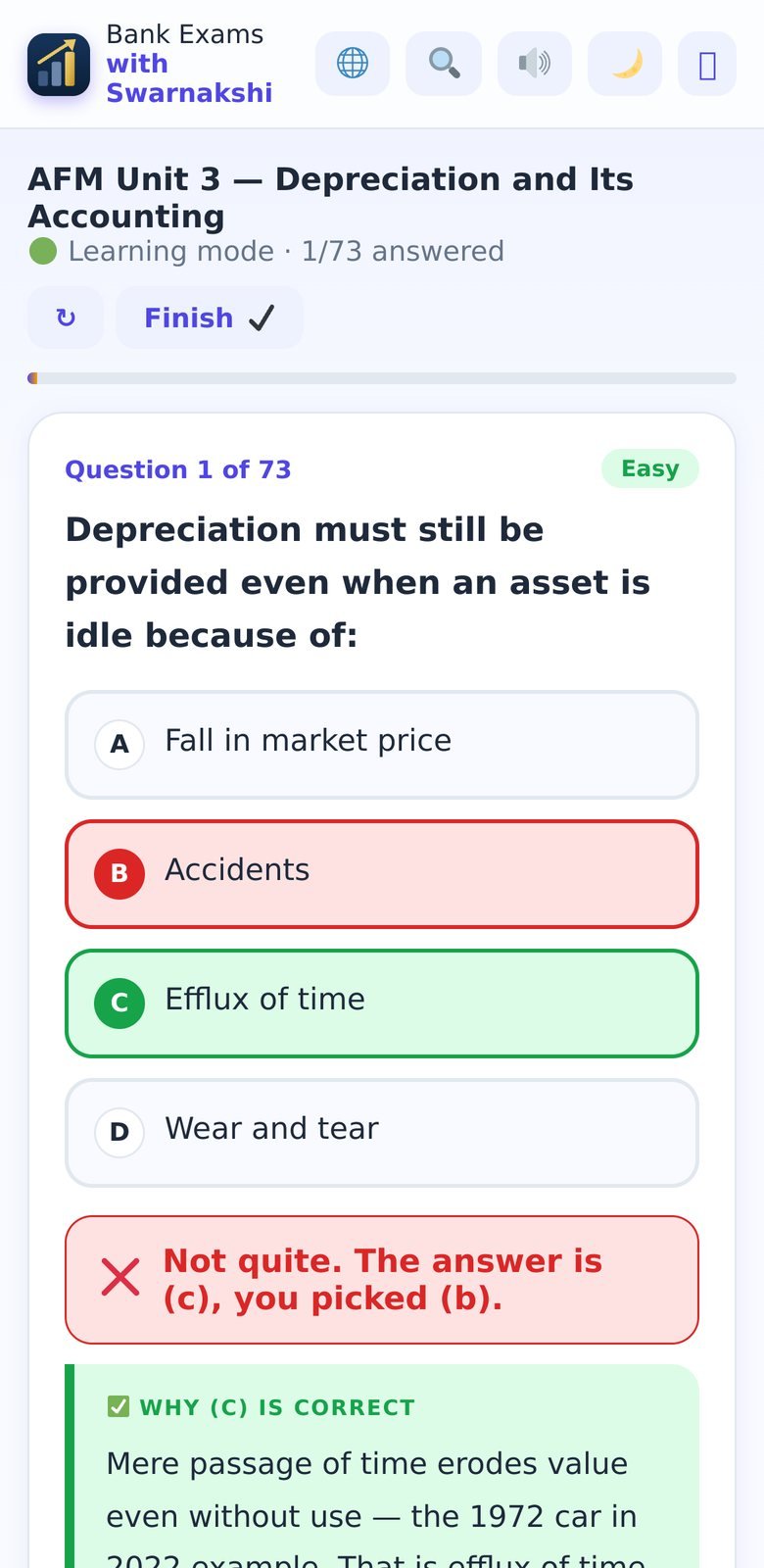 Learning mode on a phone: a question with its explanation